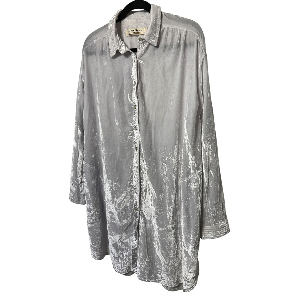 Anthropologie Free People Button Down‎ Velvet Shirt-Dress Light Gray Size XS EUC